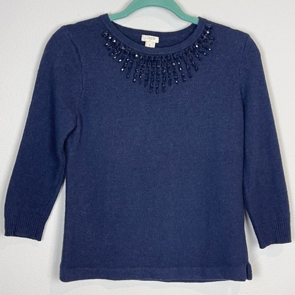 J. Crew Factory Navy Rhinestone Embellished 3/4 Sleeve Wool-Blend Sweater S